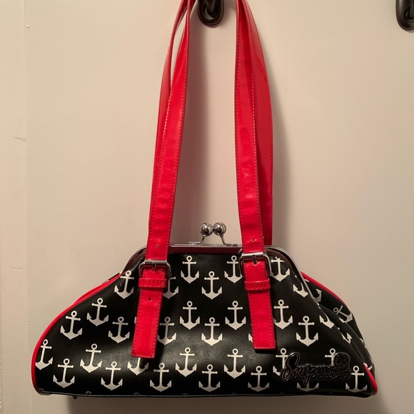 $SOLD$ Sourpuss Black with White Anchors Red Buckle Straps Purse EUC - Picture 2 of 5